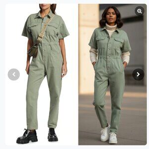 NEW Free People Marci Short Sleeve Coverall Jumpsuit in Washed Army Green XL